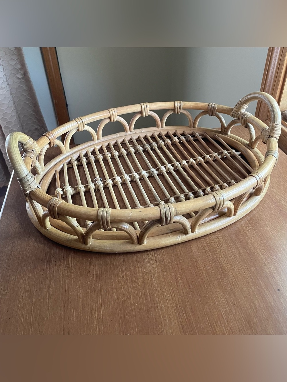 Handwoven Rattan Bamboo Boho Oval Serving Tray w/ handles 16.5” x 12" Cottage